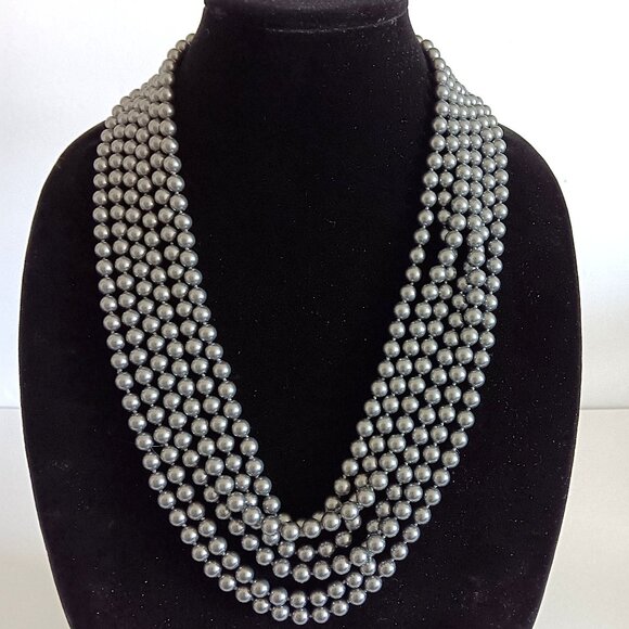 St. John Dark Gray 6 Strand Faux Pearl Rhinestone Silver Tone Necklace - Picture 1 of 3